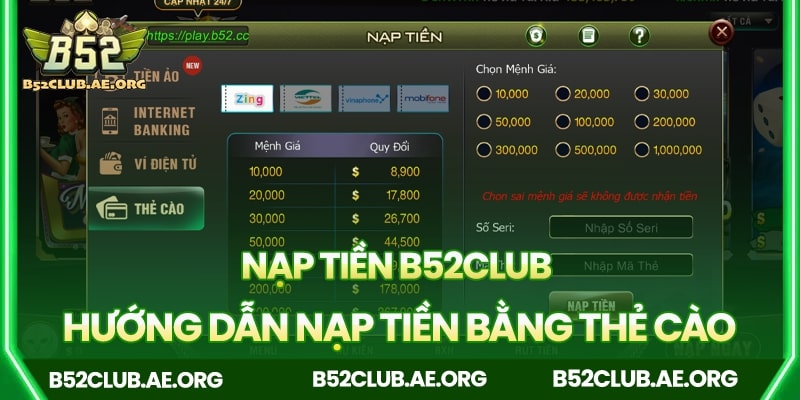Hướng dẫn nạp tiền bằng thẻ cào B52club